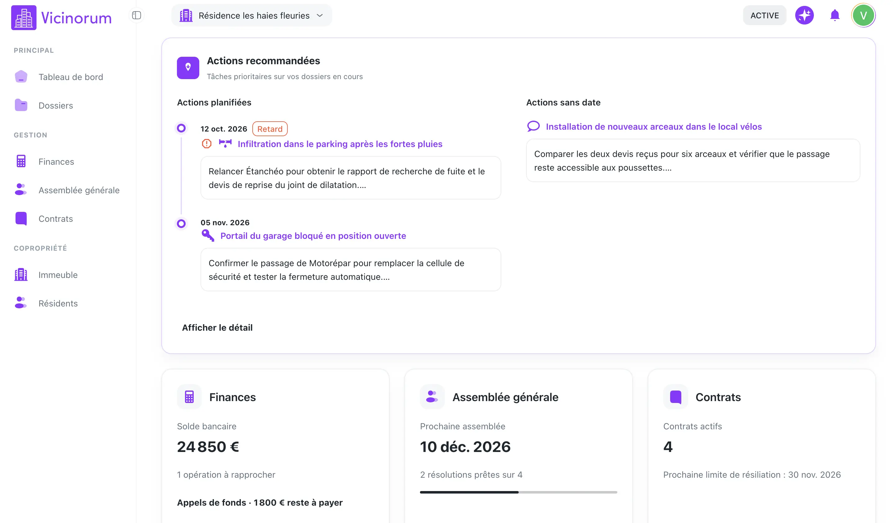 Tableau de bord Vicinorum : vue de la copropriété et actions recommandées sur les dossiers en cours