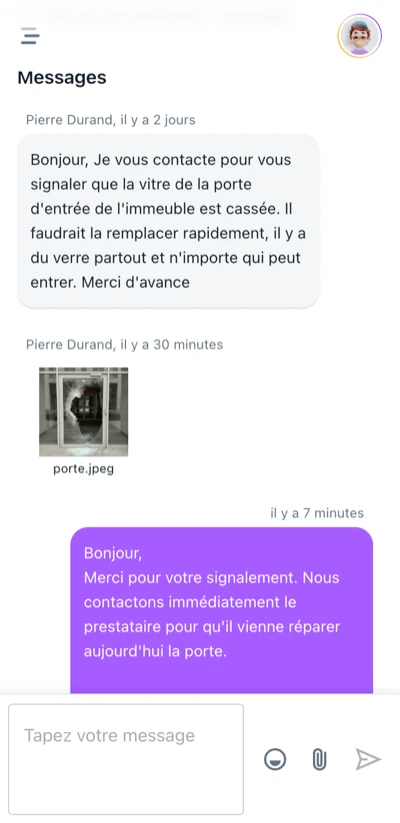 Interface mobile - Détail de discussion